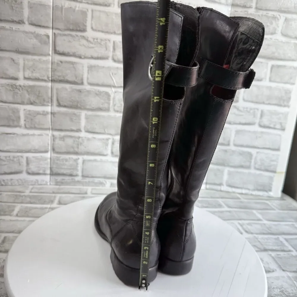 BORN Women's Size 7.5 Black Leather Knee High Side Zip Buckle Boots